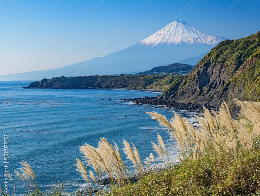 Obraz premium Serene Mount Fuji Landscape with Coastal View and Pampas Grass in Foreground