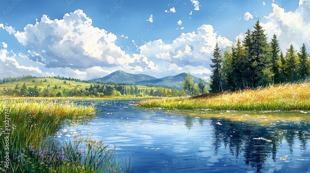 A watercolor drawing of a summer landscape featuring spring landscape elements and texture A watercolor drawing of a summer landscape featuring spring landscape elements and texture