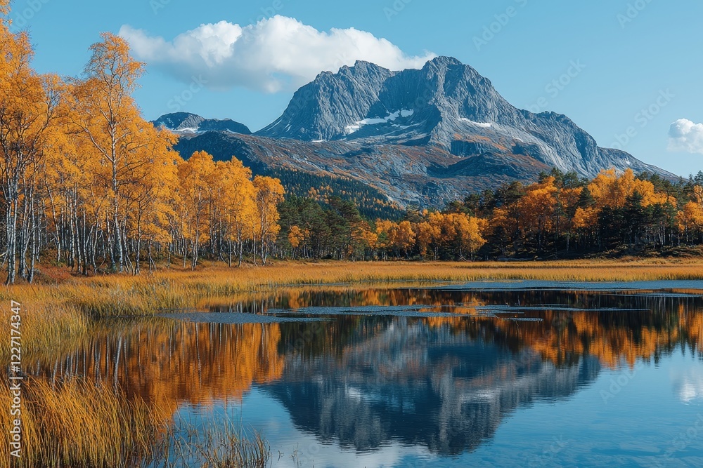 Obraz premium Autumn landscape in Rondane National Park, featuring the mountains Hogronden, Midtronden, and Digerronden, along Doralen and Doralseter, Norway, Europe