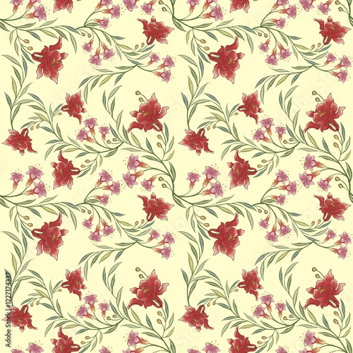 Fototapeta Naklejka Na Ścianę i Meble -  Seamless pattern watercolor flowers hand painted with light yellow background textile wrapping paper illustration repeatable