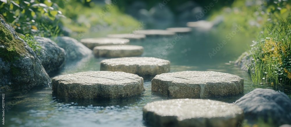 Fototapeta premium Tranquil stone path across stream, lush garden background, meditation