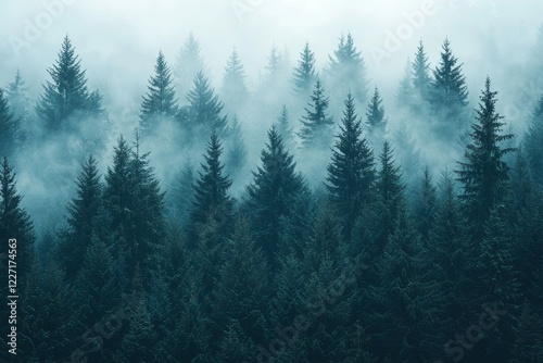 A foggy woodland panorama in the Carpathian mountains