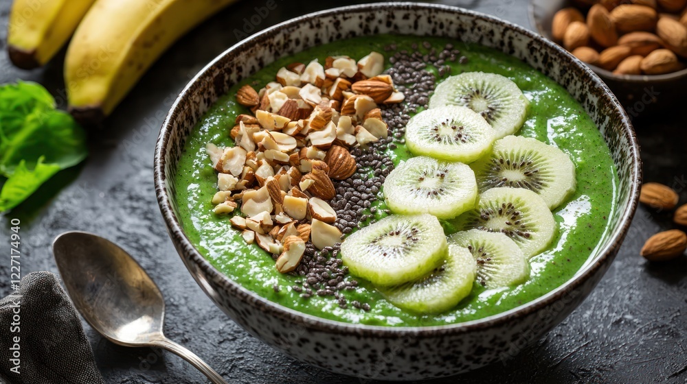 A healthy green smoothie bowl decorated with sliced kiwi, banana, and nuts A healthy green smoothie bowl decorated with sliced kiwi, banana, and nuts