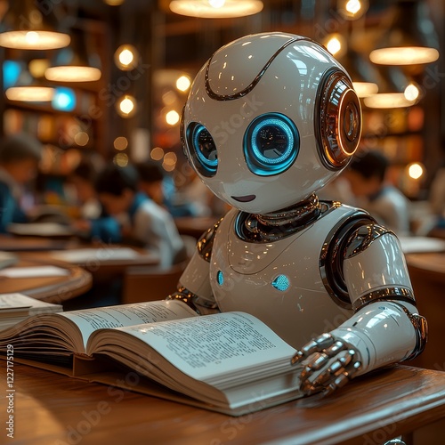 A classroom features a robot engrossed in a book, exploring the principles of machine learning and generative AI
