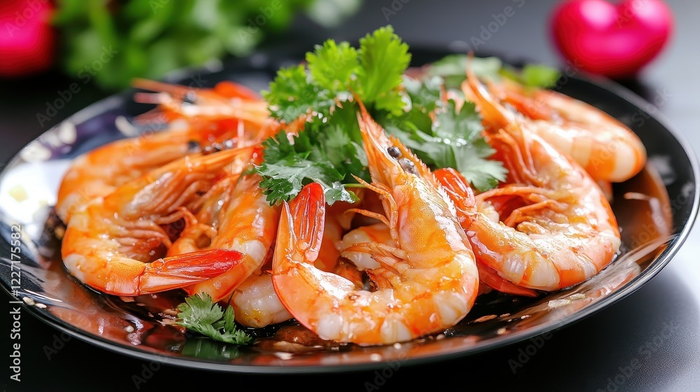 Freshly Cooked Shrimp Garnished with Green Herbs on Black Plate Freshly Cooked Shrimp Garnished with Green Herbs on Black Plate