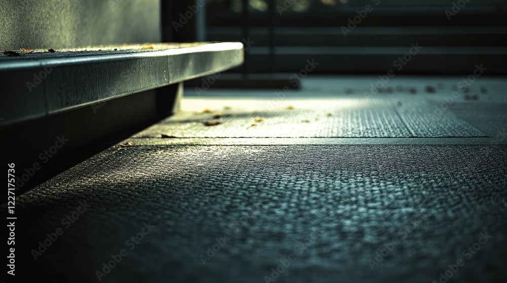 The close-up features a wheelchair ramp highlighting its textured surface designed for safety and accessibility. Natural light casts soft shadows, enhancing the details of the structure The close-up features a wheelchair ramp highlighting its textured surface designed for safety and accessibility. Natural light casts soft shadows, enhancing the details of the structure