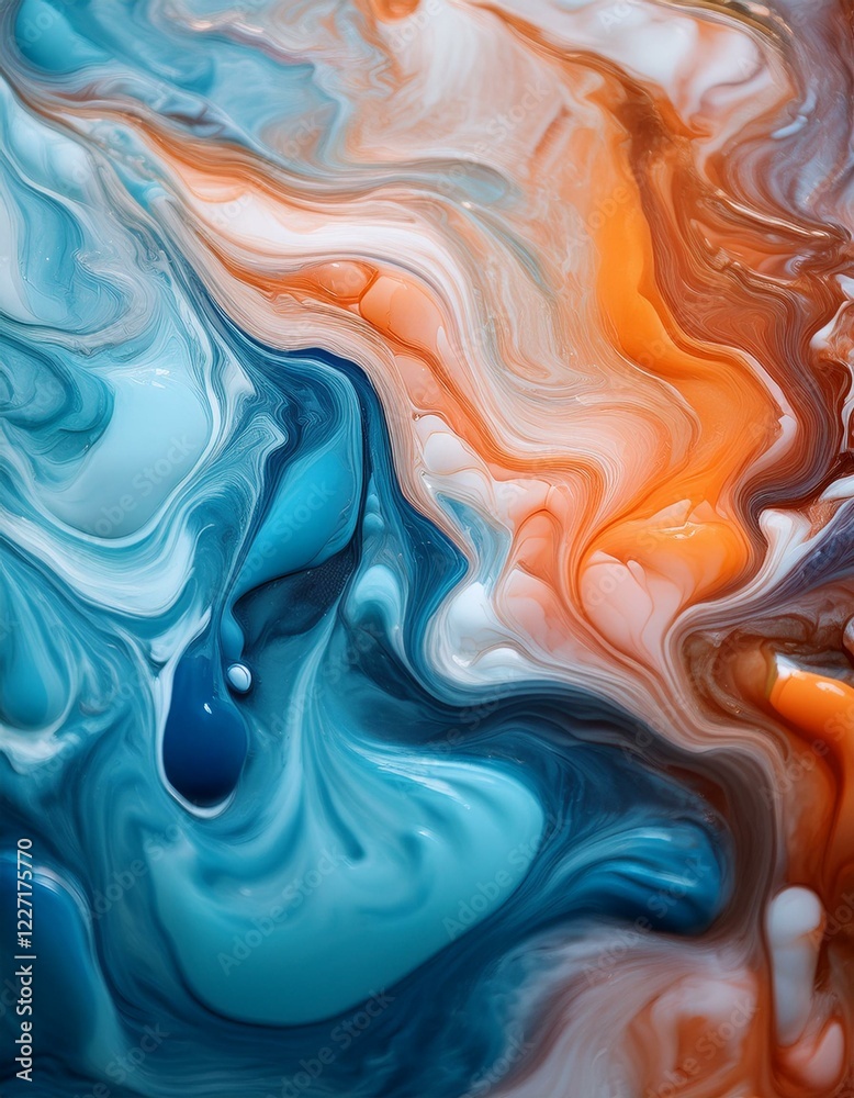 Obraz premium 複数の絵の具が水面で混ざり合い、マーブル状の流れを作るテクスチャ