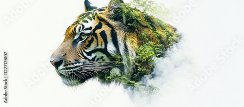 Majestic tiger profile, jungle foliage, white background; conservation photo