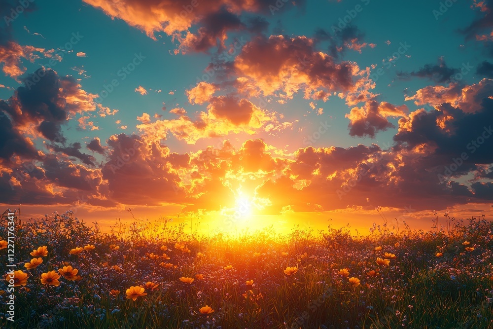 A serene green wavy field against a backdrop of clear blue sky with puffy clouds A serene green wavy field against a backdrop of clear blue sky with puffy clouds