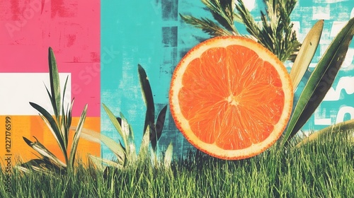 Vibrant orange slice with green grass backdrop. photo