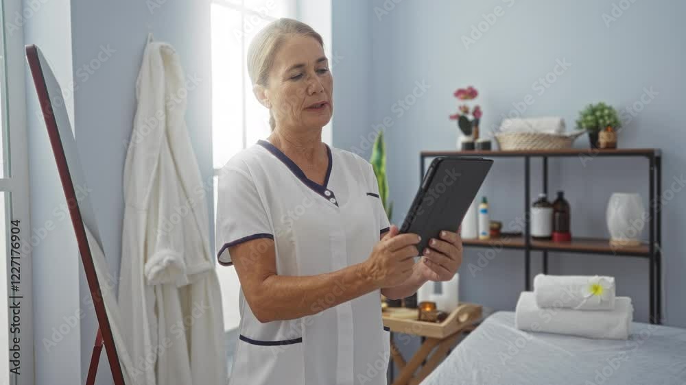 Mature woman in a spa wearing uniform using a tablet surrounded by a tranquil interior with plants and shelves of beauty products. Mature woman in a spa wearing uniform using a tablet surrounded by a tranquil interior with plants and shelves of beauty products.
