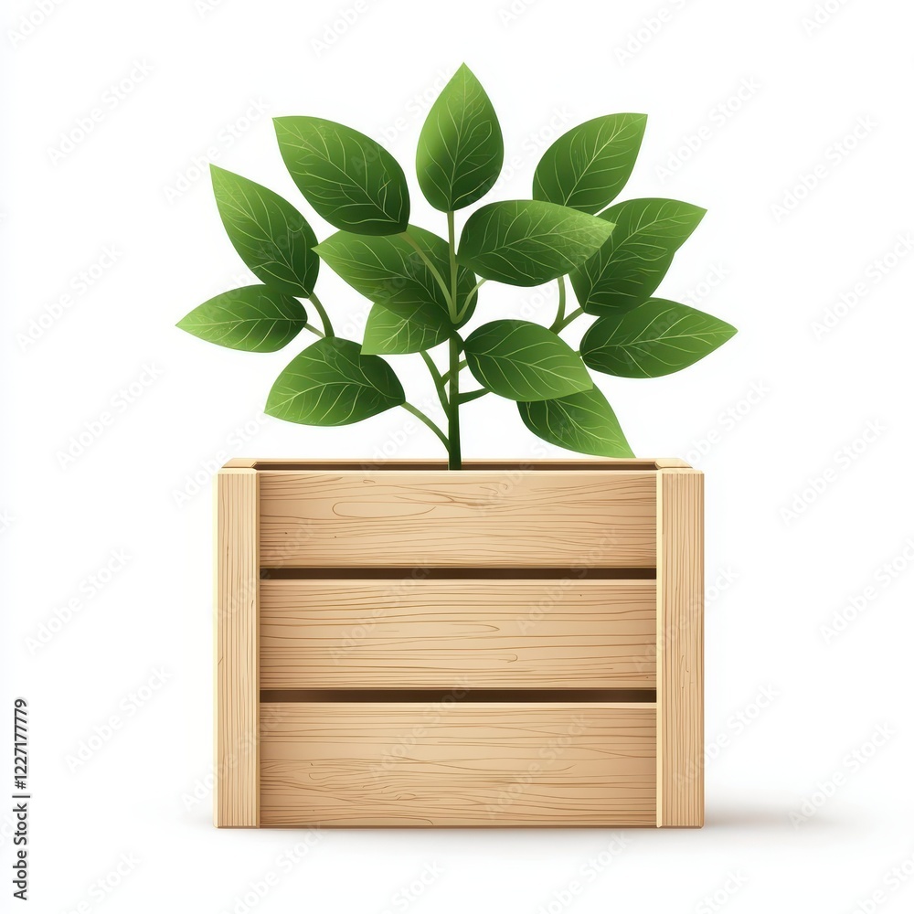 Lush Green Plant in Rustic Wooden Crate Isolated on White Background Natural Herbal Growth Lush Green Plant in Rustic Wooden Crate Isolated on White Background Natural Herbal Growth