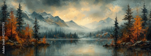 Oil on acrylic canvas depicts a mountain scene with gold highlights, a solitary tree, and water reflections in a lake