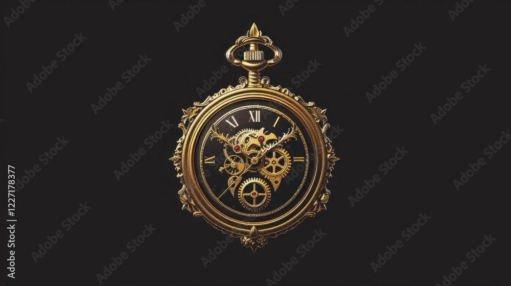 Naklejka premium A golden pocket watch with the face open, digital illustration, black background 