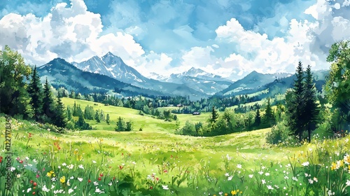 A rustic watercolor painting capturing the essence of a panoramic Spring landscape