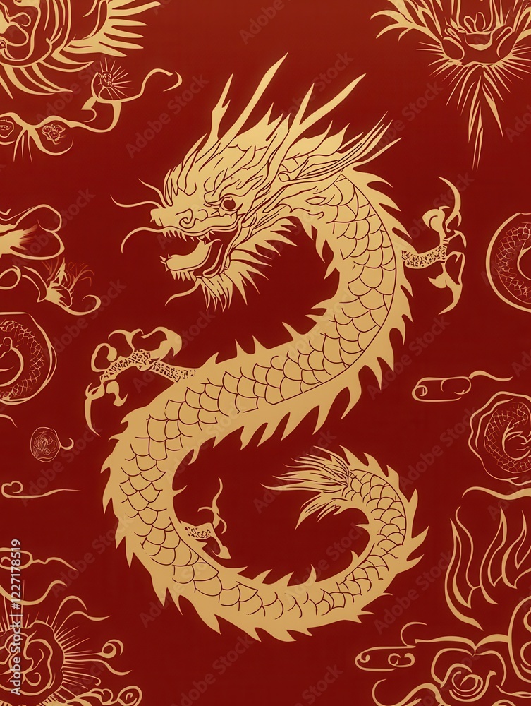 Fototapeta premium Majestic Golden Dragon Illustration on Red Background Artwork