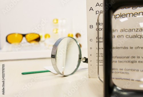 magnifying glass in the central part, on the right vision test through a square black magnifying glass, and in the background glasses with yellow and orange filters for low vision.