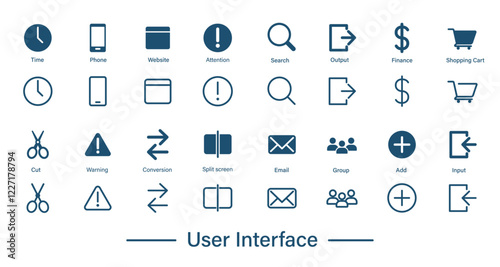 User interface design icon. Set of solid and outline icons for web, phone, email, shopping.