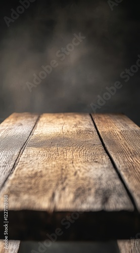 Rustic wooden table against dark smoky background. photo