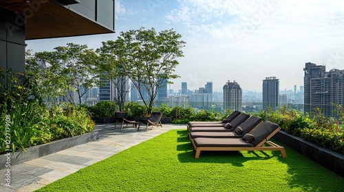 A spacious green rooftop garden with comfortable lounge chairs, perfect for relaxation photo