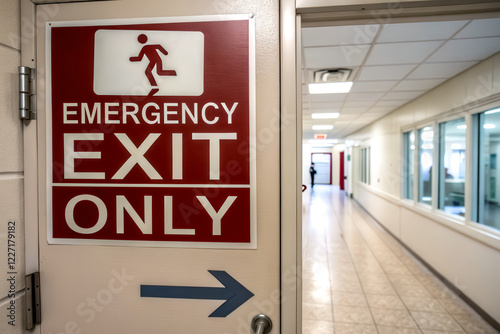 A sign indicating an emergency exit only, with a figure running towards the door, set in a corridor with windows and a clear direction to the right. photo