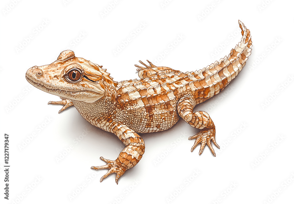 Obraz premium Watercolor painting of an alligator, full-body, on a white background, with detailed rendering. 