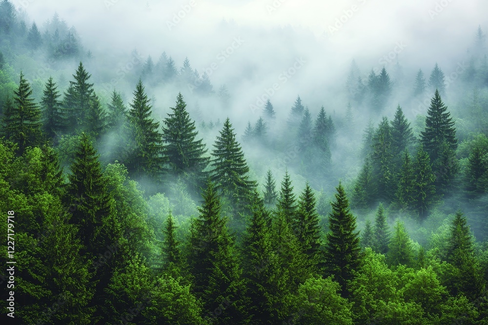 Foggy spruce forest in a panoramic landscape Foggy spruce forest in a panoramic landscape