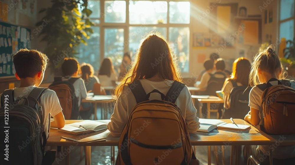 Obraz premium A diverse group of children sit at desks in a sunlit classroom, preparing for lessons. The warm light enhances their focus as they engage in learning with backpacks beside them