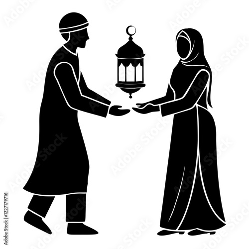 muslim woman preparing iftar with lanterns and crescent vector illustration