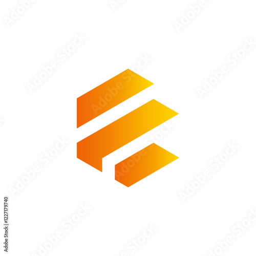 A geometric logo with a hexagonal shape, composed of three overlapping orange and yellow stripes latter E