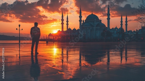 Photography of a Muslim man standing in front of a mosque at sunset, spiritual and serene, realistic