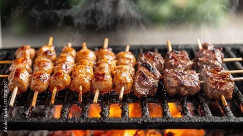 chicken and beef satay on the grill