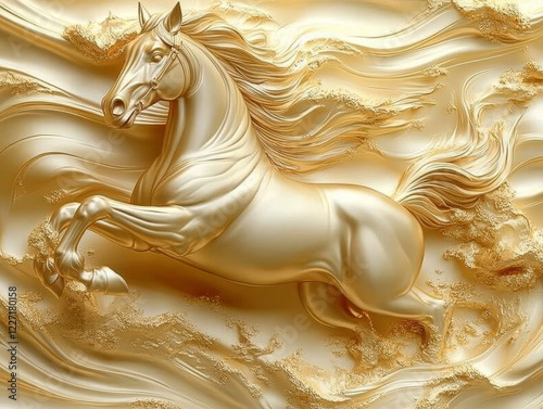 Golden Horse Sculpture: A majestic golden horse sculpture, carved in intricate detail, leaps forward with a sense of power and grace. The intricate carving, with its flowing lines and sculpted mane.
