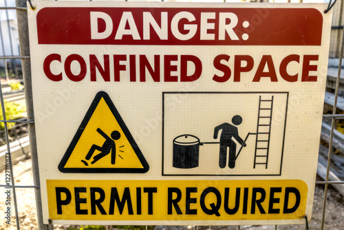 Warning sign indicating a confined space with a caution symbol, emphasizing danger and the need for a permit.