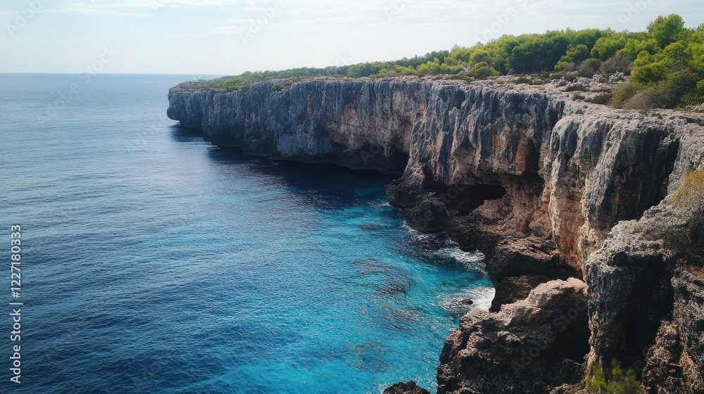 Obraz premium Seaside cliffs meet clear turquoise waters in a stunning coastal landscape view