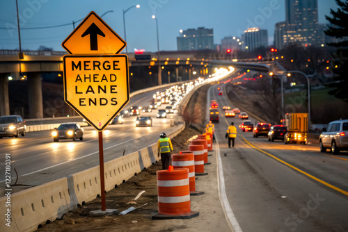 A highway construction scene at dusk featuring a merge warning sign, traffic cones, and cars navigating the changing road conditions.