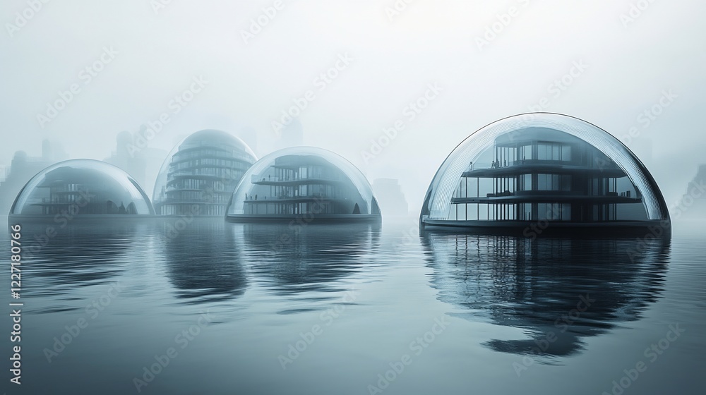 Obraz premium Futuristic domes float on foggy lake, misty mountains background; architecture visualization