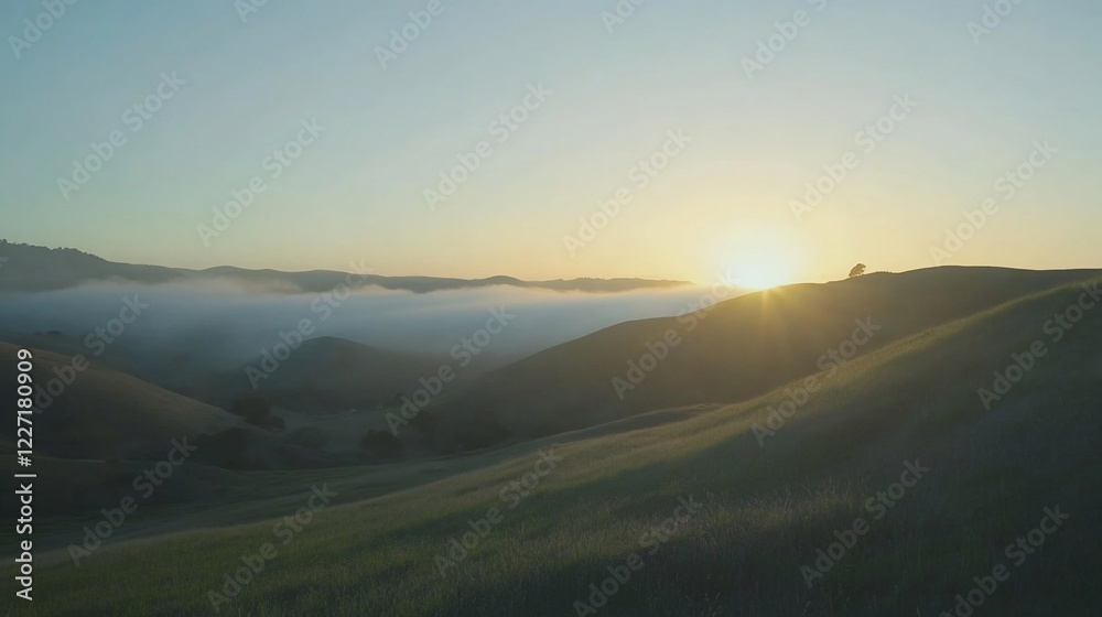 Golden Sunrise Over Rolling Hills with Misty Valley Landscape Serene Morning Light Golden Sunrise Over Rolling Hills with Misty Valley Landscape Serene Morning Light
