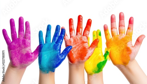 Colorful painted hands raised high.