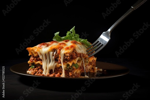 Lasagna on dark background served with a fork