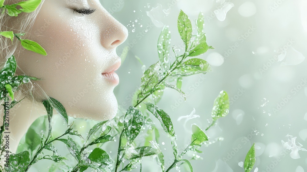 Serene Woman Surrounded by Fresh Green Leaves and Soft Light Serene Woman Surrounded by Fresh Green Leaves and Soft Light