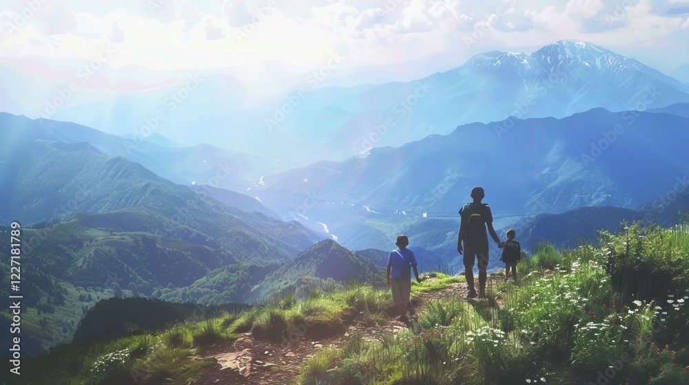 Naklejka premium A serene mountain landscape with two figures walking along a scenic trail under a bright sky filled with soft clouds.