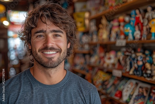 Seller of retro toys and collectibles, facing the lens