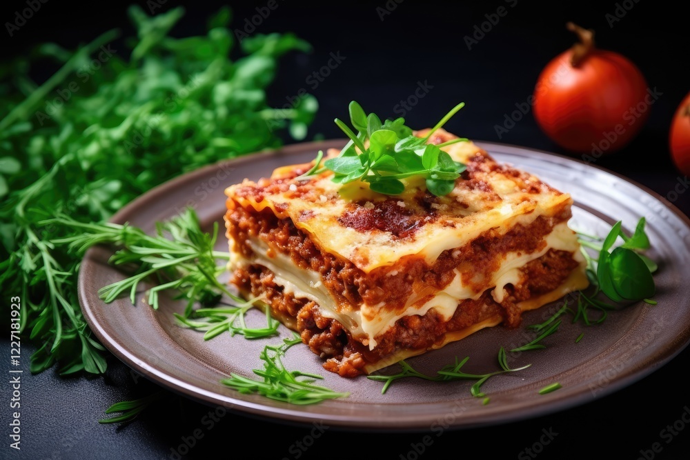 Lasagna topped with bolognese sauce Lasagna topped with bolognese sauce