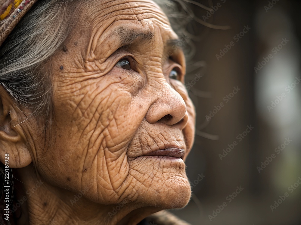 Elderly woman with expressive wrinkles gazes thoughtfully into the distance highlighting a rich life experience in a tranquil outdoor setting Elderly woman with expressive wrinkles gazes thoughtfully into the distance highlighting a rich life experience in a tranquil outdoor setting