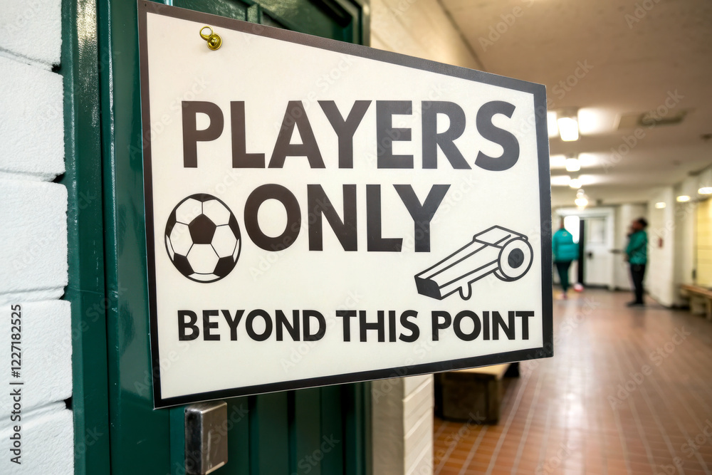 Obraz premium A sign indicating restricted access for players only, featuring a soccer ball and a key symbol, placed in a corridor.