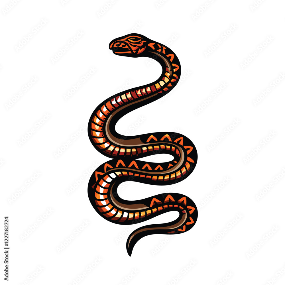 Obraz premium Design a detailed Aztec serpent coiled, intricately adorned with tribal markings, showcasing vibrant colors and symbolic patterns.