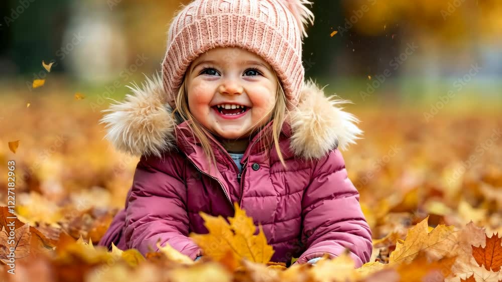Joyful child playing in colorful autumn leaves wearing cozy winter attire Joyful child playing in colorful autumn leaves wearing cozy winter attire