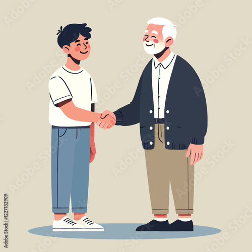 Young Man and Old Man Shaking Hands in Agreement Illustration