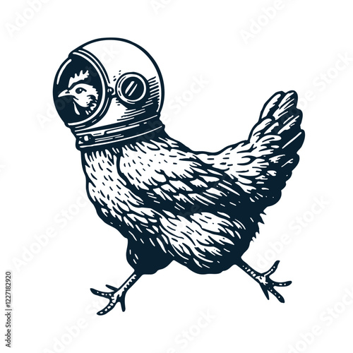 running chicken wearing an astronaut helmet funny sketch